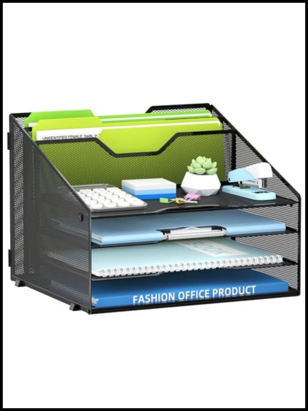 Desk File Organizer 4 Letter Trays 2 Vertical File Holders Metal Mesh